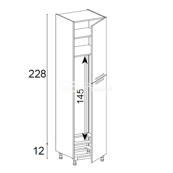 Meuble Colonne, réfrigérateur,  2 portes charnières à droite, 1 étagère