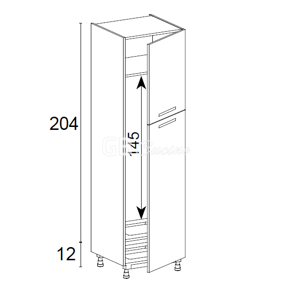 Meuble Colonne, réfrigérateur,  2 portes charnières à droite, 1 étagère