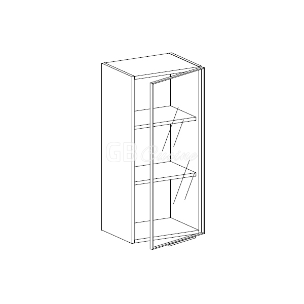 Meuble Haut,  1 porte  vitrine charnières à gauche, 2 étagères