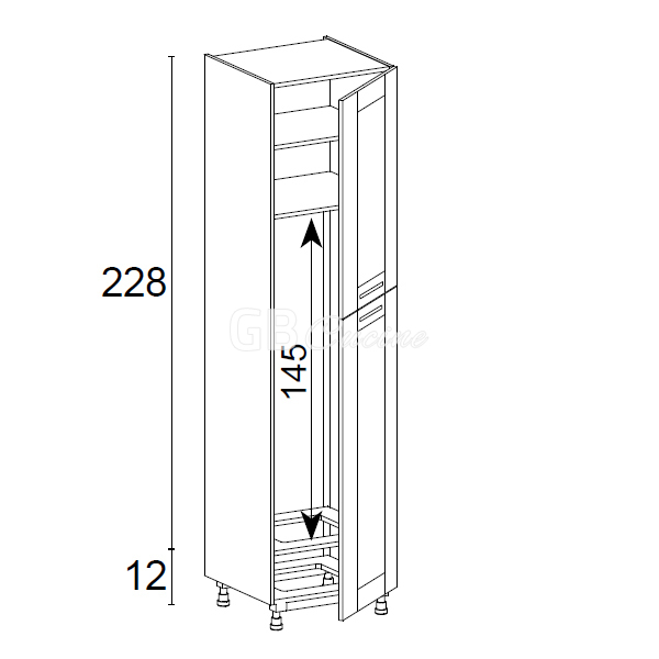 Meuble Colonne, réfrigérateur,  2 portes charnières à droite, 1 étagère