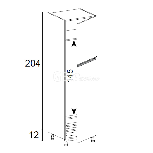 Meuble Colonne, réfrigérateur,  2 portes charnières à droite, 1 étagère